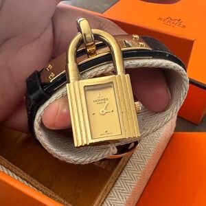 Hermès Kelly Watch Gold Plated Padlock Black Leather Strap with Box